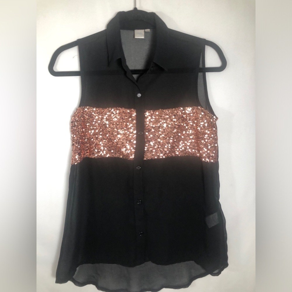 Women’s Black Sheer with Pink Sequins Sleeveless top. Size XS. Twik